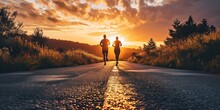 A Couple Warms Up On The Open Road, Preparing For Their Morning Run As The Sun Rises, Casting Captivating Light And Shadows Around Them.