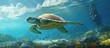 Sunny day with giant sea turtle on rocky sea floor.