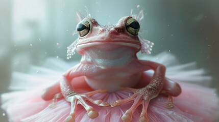 Wall Mural - A charming portrait of a frog dressed in a ballet dancer's tutu and slippers, posed gracefully in a bright, airy studio setting