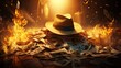 The hat is lying on a mountain of money and is on fire. Setting fire to a pile of money. The concept of the unimportance of the material