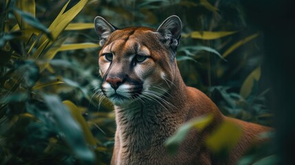Wall Mural - portrait of puma in forest. american cougar or mountain lion.
