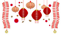 Bunch Of Lanterns And Fireworks On A White Background. The Lanterns Are Of Various Shapes And Sizes, And They Are Decorated With Gold Bar And Fire Crackers For Chinese Concept. 3d Rendering. 