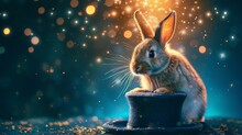 A Whimsical Portrait Of A Rabbit Popping Out Of A Magician's Hat, Set Against A Mystical, Dark Studio Backdrop With Twinkling Lights