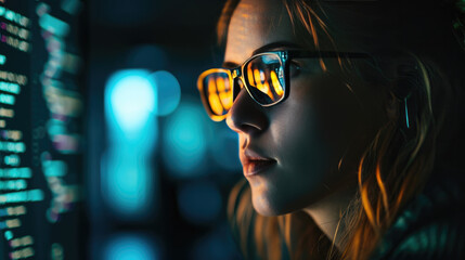 Wall Mural - Close-up of a woman's face, with a focus on her eyes, which reflect a computer screen displaying data or code.