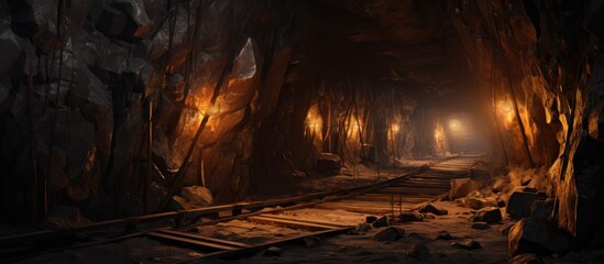 Wall Mural - subterranean passageway for mining gold with tracks