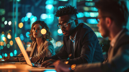 Wall Mural - Team engaging in conversation with each other during meeting, with the backdrop of a city at night visible through windows.