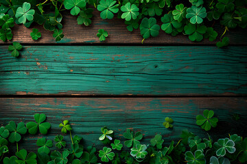 Wall Mural - A rustic wooden background with a Saint Patrick's Day theme, adorned with numerous wooden slats.