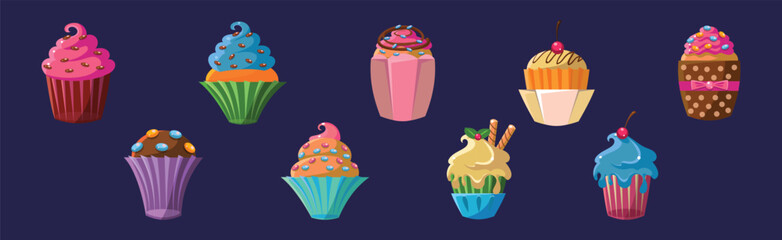 Wall Mural - Cupcake Baked Sweet Dessert with Cream and Topping Vector Set