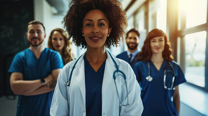 Wall Mural - Diverse group of medical professionals, with a doctor in a white lab coat and stethoscope at the forefront, smiling at the camera.