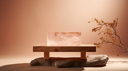 Wall Mural - Soft-lit acrylic podium wood details coral for serene showcase