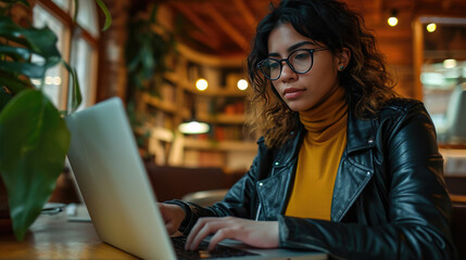 Canvas Print - Focused young woman is working on a laptop