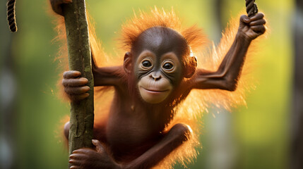 Wall Mural - Baby orangutan swinging in tree, AI Generative.