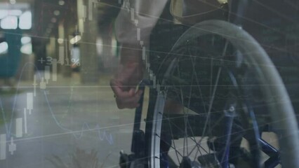 Poster - Animation of data processing on white graph over biracial woman using wheelchair in city