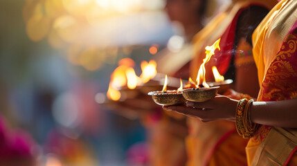 Wall Mural - Women dressed in traditional sarees performing aarti on Gudi Padwa, Gudi padwa, blurred background, with copy space