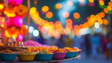 Poster - A street vendor selling festive items during Holika Dahan celebrations, Holika Dahan, blurred background, with copy space