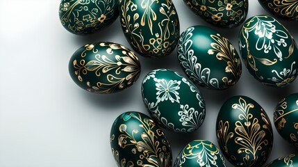 Wall Mural - Dark Green Easter Eggs on a white Background. Artistic Easter Template with Copy Space