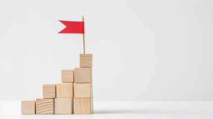 Business goal with growth success process for leadership concept. red flag on the top of wooden cube blocks as a stair step with up arrow sign strategy icon on white background, vertical style. 