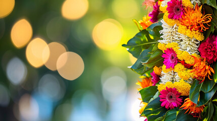 Wall Mural - A close-up of a Gudi decorated with flowers and mango leaves, Gudi padwa, blurred background, with copy space