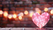 Pink bokeh light up hearts, brick background with fairy light bokeh