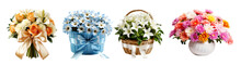 Collection Of Flower Bouquets, Flowers In A Wicker Basket. Flower Arrangement Or Bouquet Colorful Spring Flowers Isolated Cutout On Transparent Background