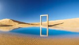 Fototapeta Dziecięca - 3d render abstract fantastic panoramic background desert landscape with sand water and square mirror under the clear blue sky modern minimal aesthetic wallpaper