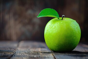 Wall Mural - Fresh green apple with a leaf Crisp and healthy On a wooden surface