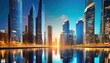 skyscrapers of a smart city at sunset futuristic financial district graphic perspective of buildings and reflections architectural blue background for corporate and business brochure template