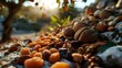 Dried fruits and nuts on a stone path in the garden.