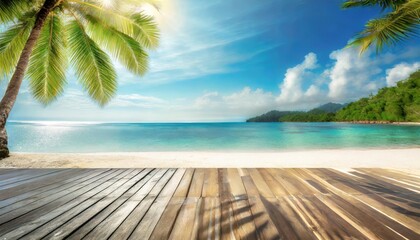 Wall Mural - summer beautiful landscape nature of tropical beach with wooden platform sunlight white sand beach palm trees bright sea water and sunny blue sky copy space summer vacation destination concept