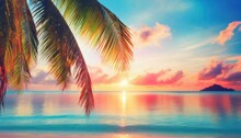 Beautiful Sea Sunset Landscape Ocean Sunrise Tropical Island Beach Dawn Palm Tree Leaves Silhouette Blue Water Colorful Red Pink Orange Yellow Sky Clouds Sun Reflection Summer Holidays Vacation
