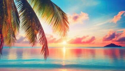 Wall Mural - beautiful sea sunset landscape ocean sunrise tropical island beach dawn palm tree leaves silhouette blue water colorful red pink orange yellow sky clouds sun reflection summer holidays vacation