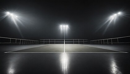 Wall Mural - view of a tennis court with light from the spotlights over dark background