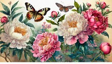 Botanical Illustration Vintage Flower Poster Beautiful Peonies And Butterflies Manual Drawing Of Beautiful Flowers Print For Interior Posters Postcards T Shirts