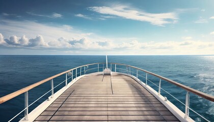 Wall Mural - open view of a boat deck and the ocean in the style of photorealistic landscapes streamline elegance