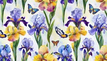 Seamless Pattern Of Flower Ornament Irises And Butterflies On A Light Background Watercolor Illustration Hand Drawing Floral Background Luxury Wallpaper Fabric Printing Cloth Paper Mural