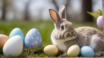 Poster - a cute bunny with easter eggs in an spring park, 