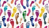 Fototapeta Kosmos - cross ways colorful human footprints white background isolated multicolor watercolor barefoot footsteps pattern chaotic foot print walking paths bare feet routes chaos illustration crossing lines