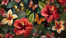 Vintage Floral Print With Hibiscus And Butterflies Dark Tropical Background Premium Wallpaper Hand Drawn 3d Illustration Luxury Pattern For Postcard Packaging Clothing