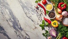 Fresh Vegetables And Spices On Marble Surface