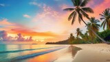 Fototapeta Zachód słońca - amazing travel landscape beautiful panoramic sunset tropical paradise beach tranquil summer vacation or holiday tropical sunset beach seaside palm calm peace panorama exotic nature colorful sea sky