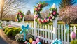 An idyllic spring scene with a white picket fence adorned with wreaths, bows and oversized colorful eggs