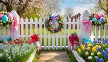 An Idyllic Spring Scene With A White Picket Fence Adorned With Wreaths, Bows And Oversized Colorful Eggs