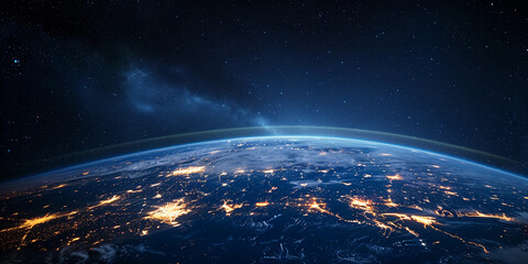 Wall Mural - communication satellite, earth below with visible city lights of north america at night