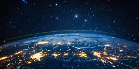 Wall Mural - Communication satellite, Earth below with visible city lights of North America at night