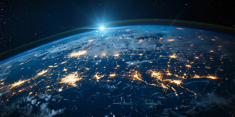 Wall Mural - Communication satellite, Earth below with visible city lights of North America at night