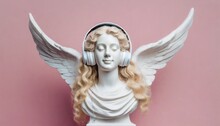 A White Plaster Or Marble Statue Bust Of A Beautiful Young Woman With Long Wavy Hair And Headphones Listening To Music A Classic Figure Isolated On A Pink Wall Background Like A Muse Or An Angel