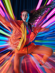 Wall Mural - sporty chic fashion portrait, athleisure wear, dynamic pose, studio environment