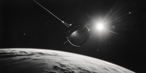 Wall Mural - Vintage Sputnik satellite, orbiting Earth, black and white, nostalgic film grain, high contrast