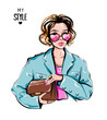 Beautiful fashion woman in sunglasses holding bag. Stylish girl. Vector illustration 