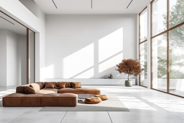 Minimal style Modern white living room with blank white wall for copy space 3d render, large windows